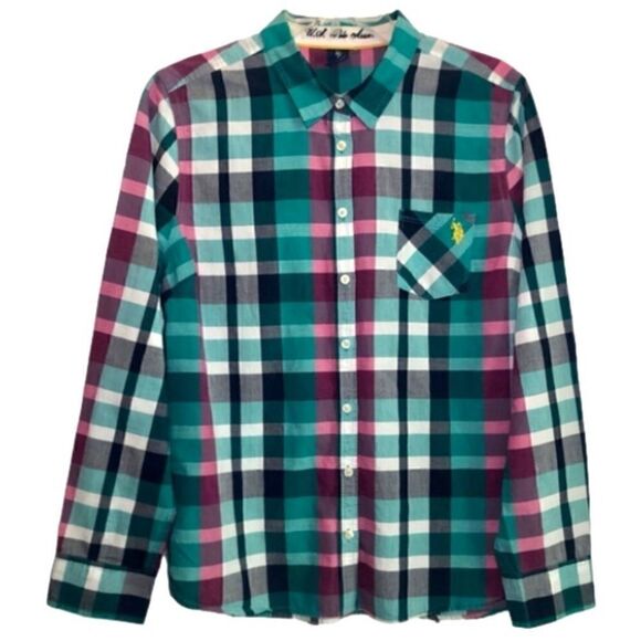 US Polo Assn Plaid Button Down Shirt Hot Pink/Teal Green/Navy Blue Juniors XL - Picture 1 of 7